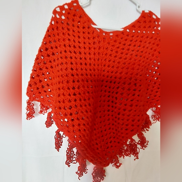 Crochet Poncho, Girl’s Size Large Red Color Handmade Crochet Poncho - Picture 4 of 7